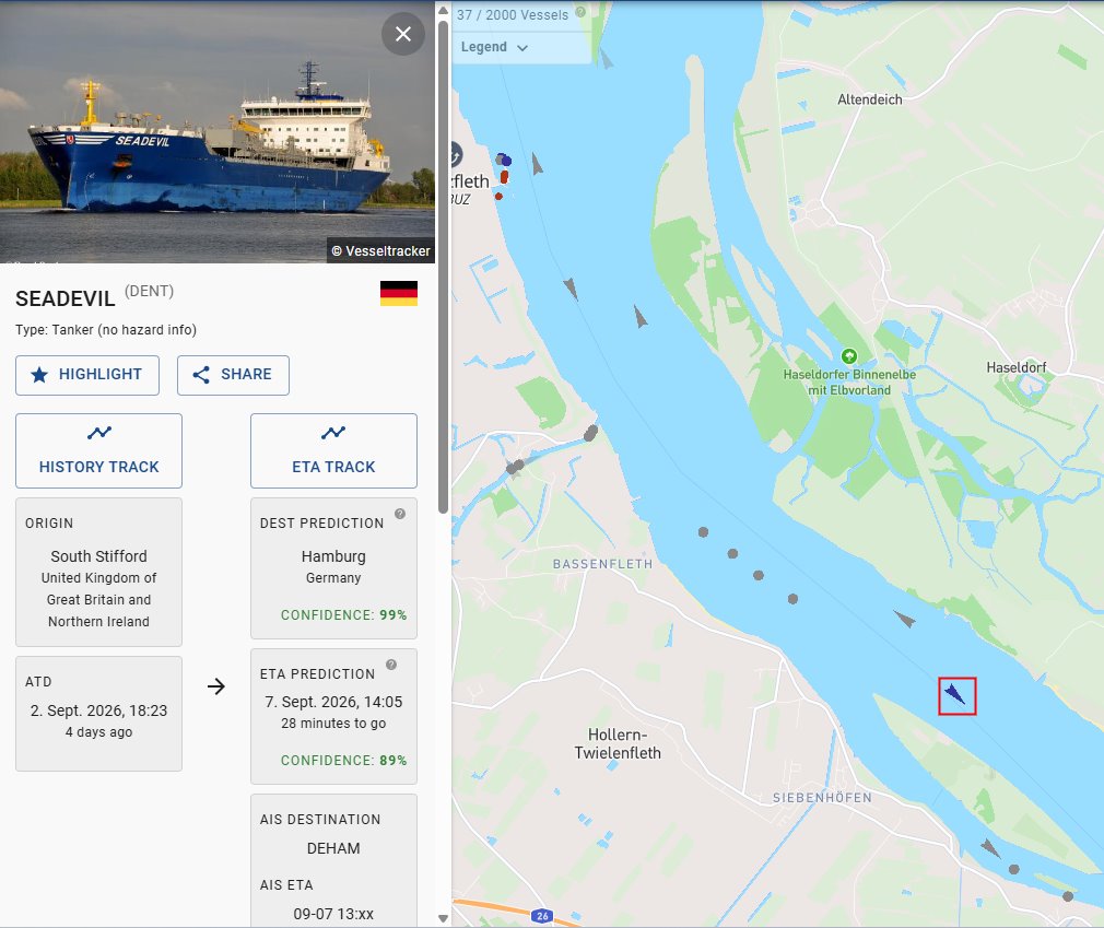 Sleipner ETA Prediction: vessel details with predicted arrival next to a live map of the river Elbe