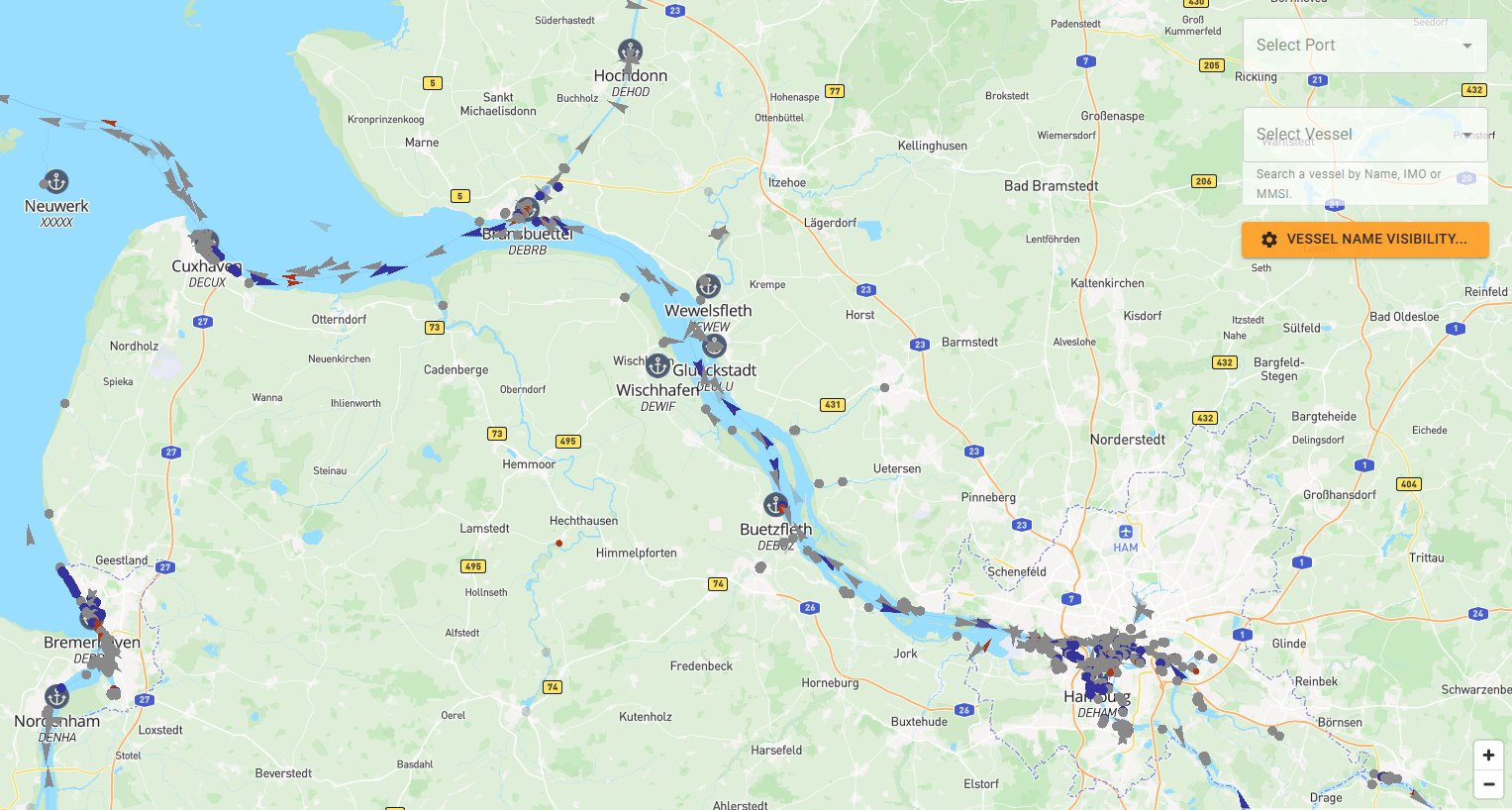 Sleipner Live Map showing vessels along the river Elbe