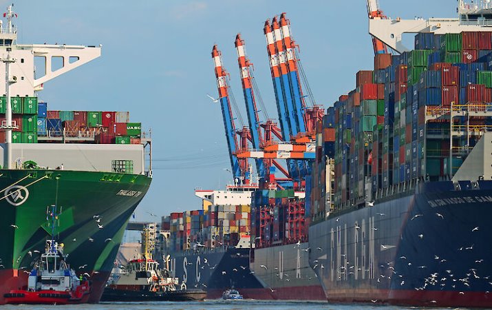 Container ships at a terminal in the port of Hamburg