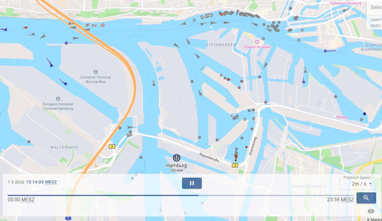 Replay map of the port of Hamburg with timeline control